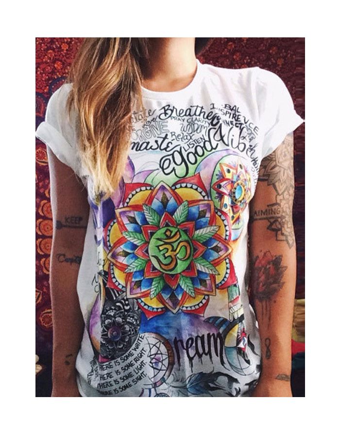 Women Casual Letter Flower Printed White Short Sleeves Cotton T-shirt